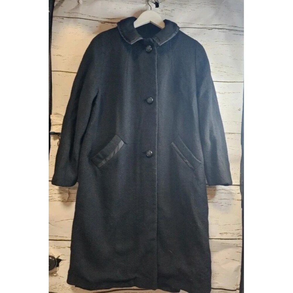 Vintage 1960s 70s Black Swing Coat ILGWU Union Made Satin Trim Mod Women’s